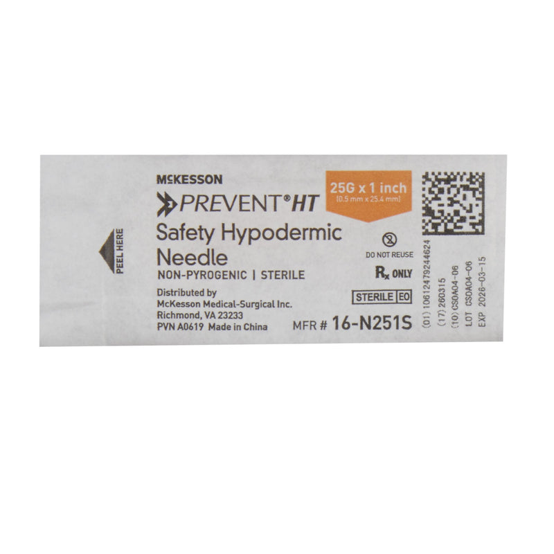 Safety Hypodermic Needle McKesson Prevent® HT 1 Inch Length 25 Gauge Thin Wall Hinged Safety Needle