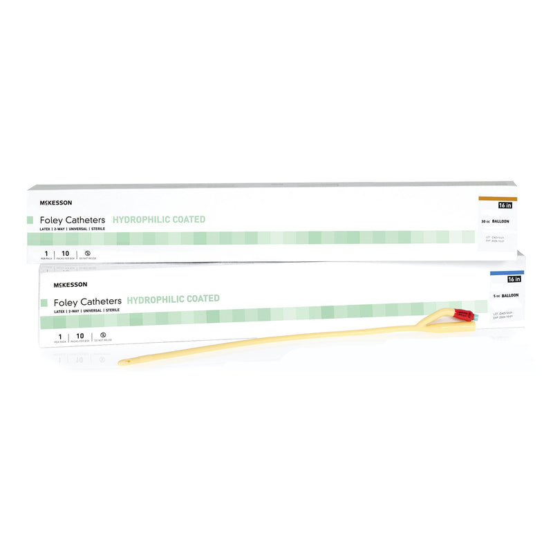 Foley Catheter McKesson 2-Way Coude Tip 30 cc Balloon 18 Fr. Hydrophilic Polymer Coated Latex