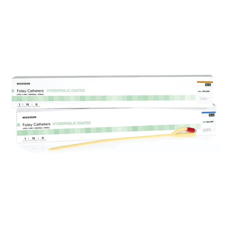 Foley Catheter McKesson 2-Way Coude Tip 5 cc Balloon 22 Fr. Hydrophilic Polymer Coated Latex