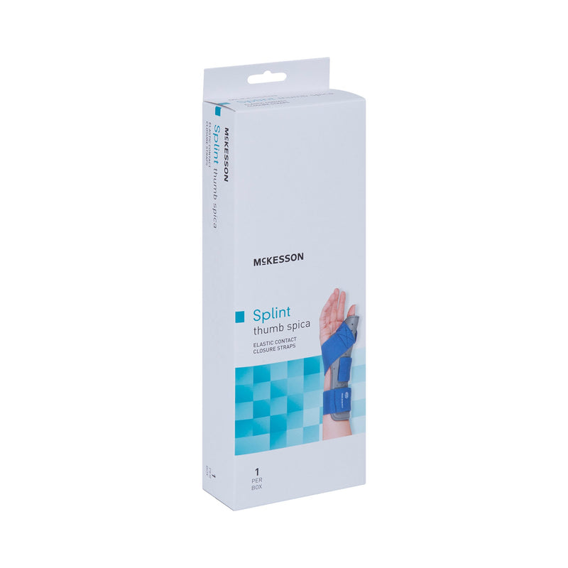 Wrist / Hand Brace with Thumb Spica McKesson Thumb Spica Nylon / Cotton-Terry / Foam / Elastic / Spandex Right Hand Blue / Gray Small / Medium