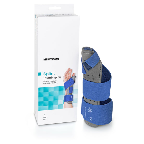 Wrist / Hand Brace with Thumb Spica McKesson Thumb Spica Nylon / Cotton-Terry / Foam / Elastic / Spandex Right Hand Blue / Gray Small / Medium