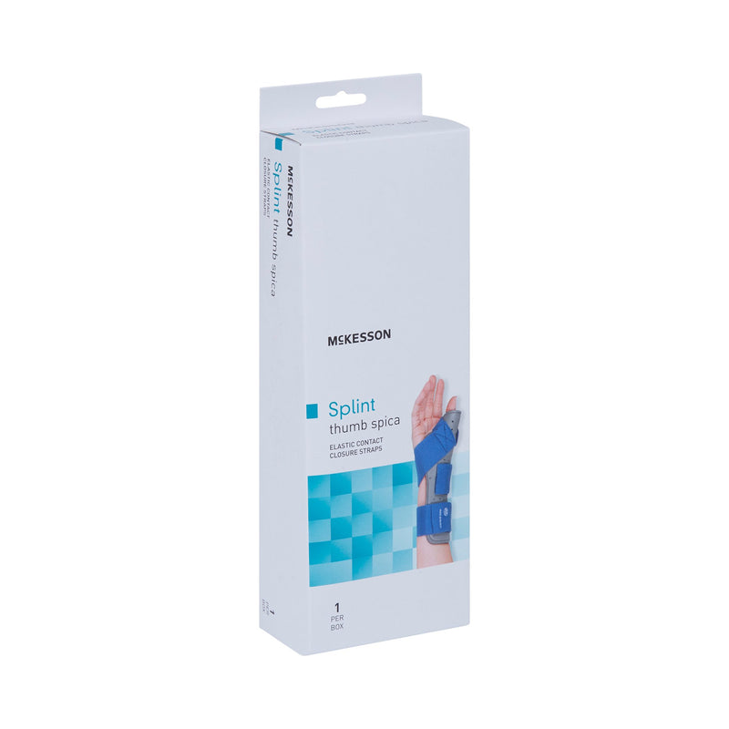 Wrist Splint with Thumb Spica McKesson Thumb Spica Nylon / Cotton-Terry / Foam / Elastic / Spandex Left Hand Blue / Gray Small / Medium