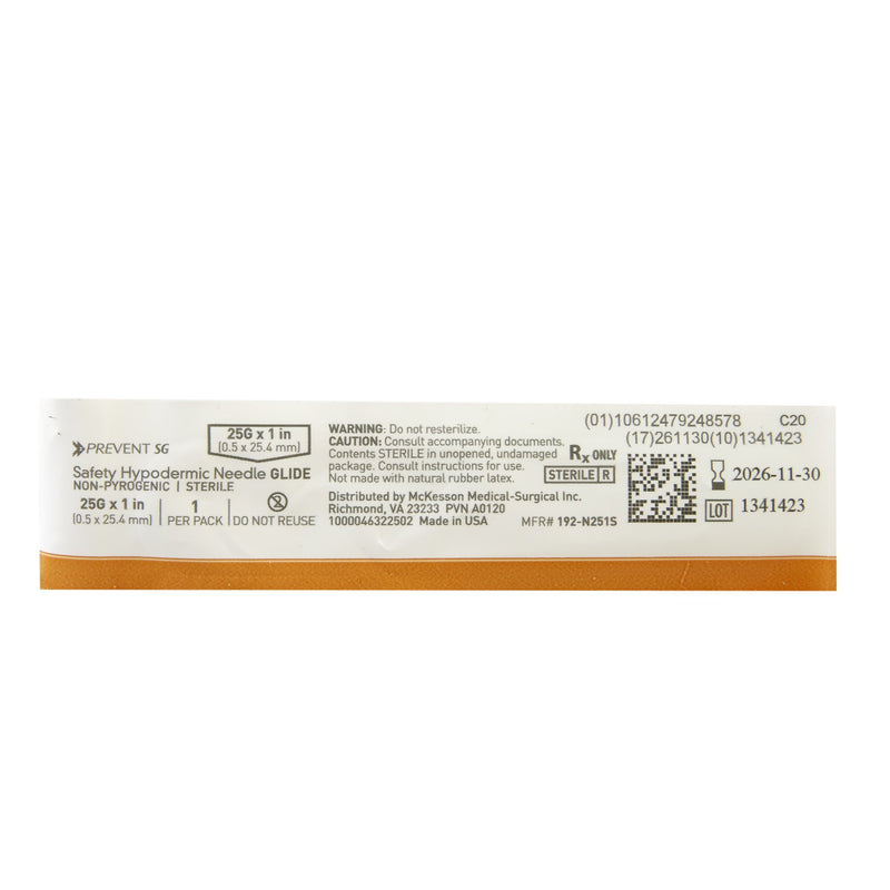 Safety Hypodermic Needle McKesson Prevent SG 1 Inch Length 25 Gauge Thin Wall Sliding Safety Needle