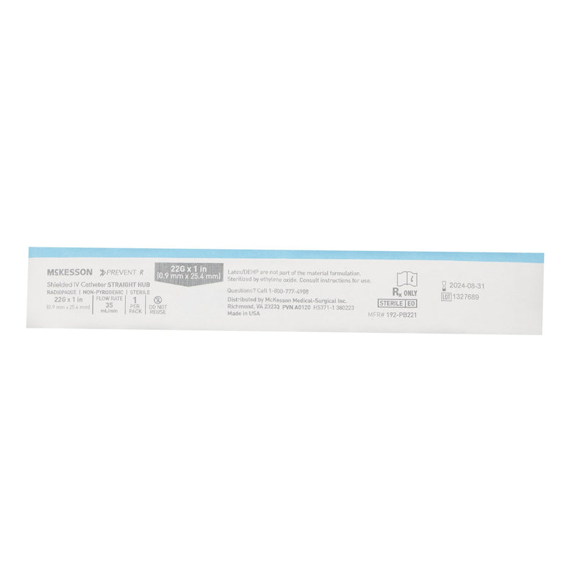 Peripheral IV Catheter McKesson Prevent® R 22 Gauge 1 Inch Straight Hub Non Blood Control Push Button Safety
