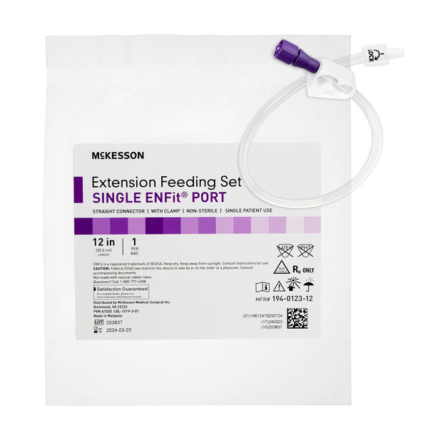 Bolus Enteral Feeding Extension Tube Set McKesson 12 Inch, Enfit, Secure Lock Straight Connector and Clamp, NonSterile