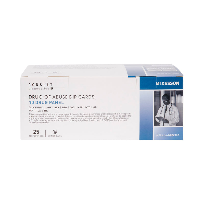 Drugs of Abuse Test Kit McKesson Consult™ AMP, BAR, BZO, COC, mAMP/MET, MTD, OPI, PCP, TCA, THC 25 Tests CLIA Waived