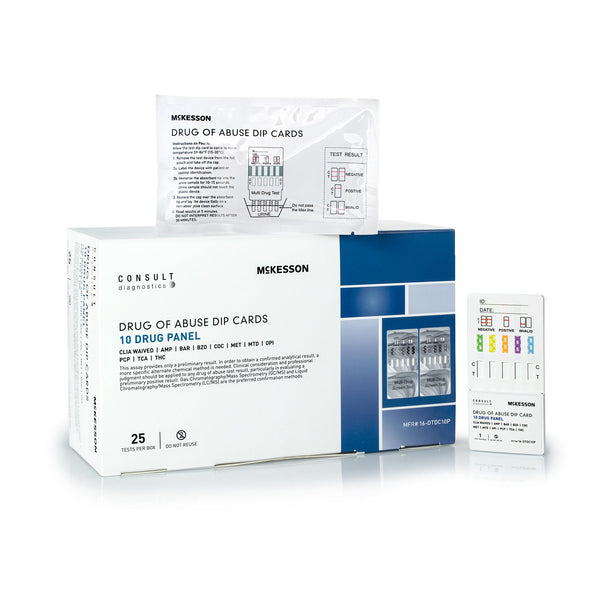 Drugs of Abuse Test Kit McKesson Consult™ AMP, BAR, BZO, COC, mAMP/MET, MTD, OPI, PCP, TCA, THC 25 Tests CLIA Waived