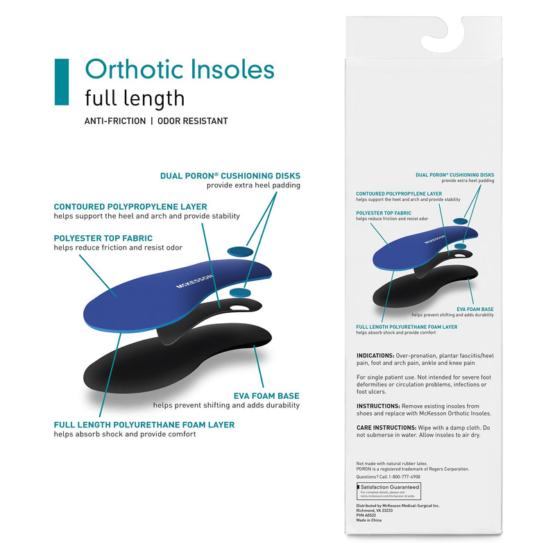 Orthotic Insoles McKesson Full Length EVA / Polyester / Polypropylene / Poron® Female 8 to 8-1/2 / Male 6 to 6-1/2 Black / Blue
