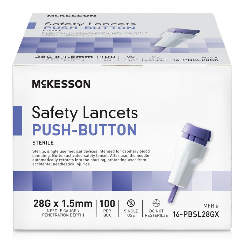 Safety Lancet McKesson 28 Gauge Retractable Push Button Activation Finger