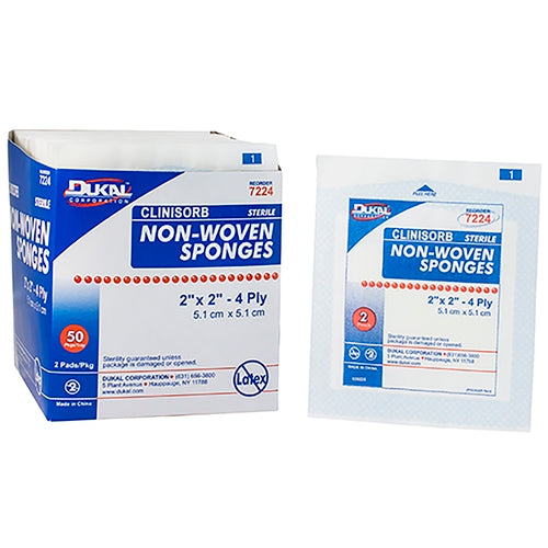 Dukal NonWoven Sponge Clinisorb Polyester / Rayon 4-Ply 2 x 2" Square Sterile, 2/PK, 50PK/BX