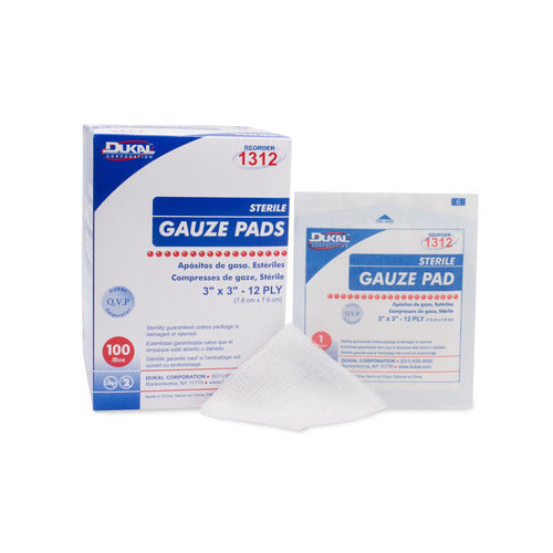 Dukal Gauze Sponge Cotton 12-Ply 3 x 3" Square Sterile, 100/BX