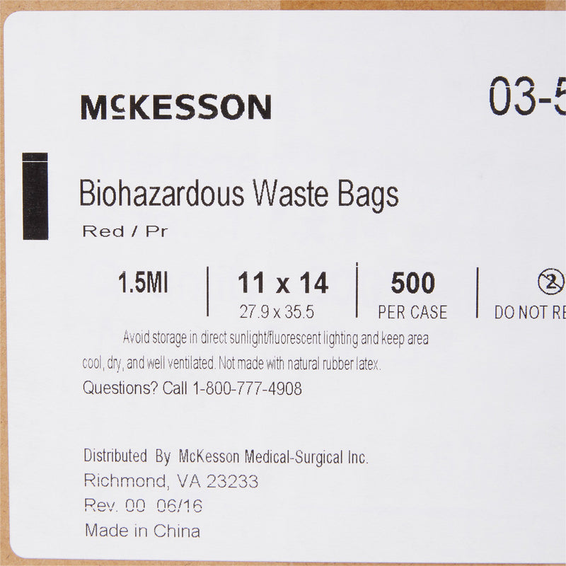 Biohazard Waste Bag McKesson 1 to 3 gal. Red Polyethylene 11 X 14 Inch
