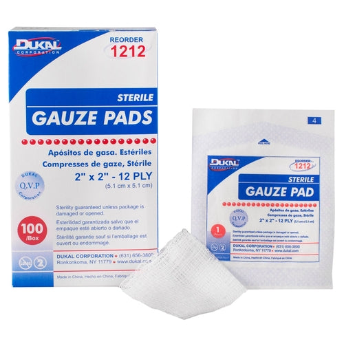 Dukal Gauze Sponge Cotton 12-Ply 2 x 2" Square Sterile, 100/BX