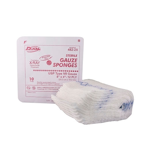 Dukal USP Type VII X-Ray Detectable Gauze Sponge Dukal Cotton 12-Ply 4 X 8 Inch Rectangle Sterile, 10/TR