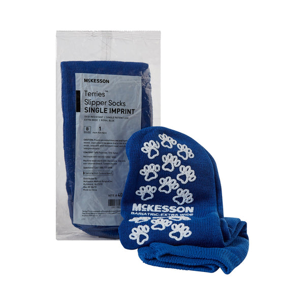 Slipper Socks McKesson Terries™ Unisex Adult Bariatric / X-Wide Single Tread Single Patient Use Royal Blue
