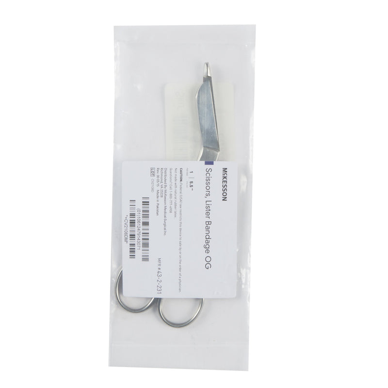 Bandage Scissors McKesson Lister 5-1/2 Inch Length Office Grade Stainless Steel NonSterile Finger Ring Handle Angled Blunt Tip / Blunt Tip