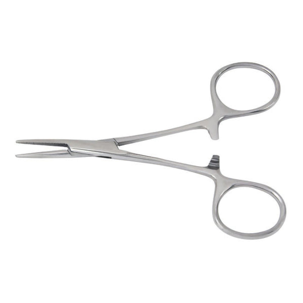 Mosquito Forceps McKesson Halsted 5 Inch Length Floor / Office Grade Stainless Steel NonSterile Locking Finger Ring Handle Curved Serrated Tips