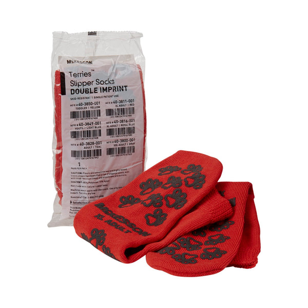 Slipper Socks McKesson Terries™ Unisex Adult X-Large Double Tread Single Patient Use Red