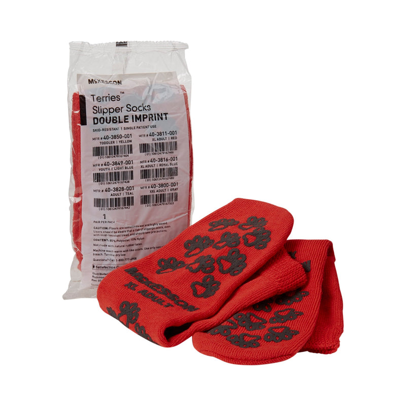 Slipper Socks McKesson Terries™ Unisex Adult X-Large Double Tread Single Patient Use Red
