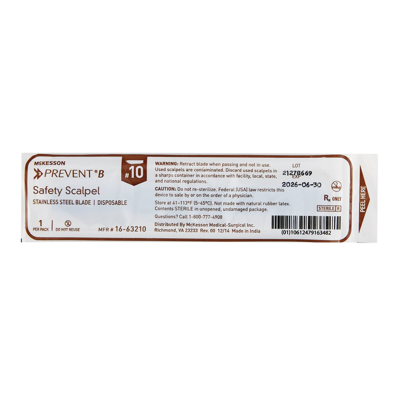 Safety Scalpel McKesson Prevent® B No. 10 Stainless Steel / Plastic Sensory Grip Handle Sterile Disposable