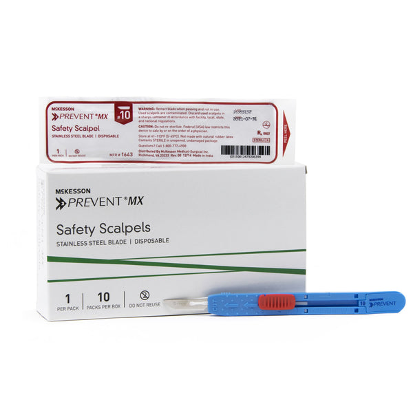 Safety Scalpel McKesson Prevent® MX No. 10 Stainless Steel / Plastic Sensory Grip Handle Sterile Disposable