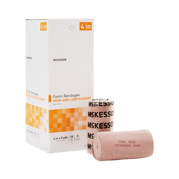 Elastic Bandage McKesson 4 Inch X 5 Yard Single Hook and Loop Closure Tan NonSterile Standard Compression