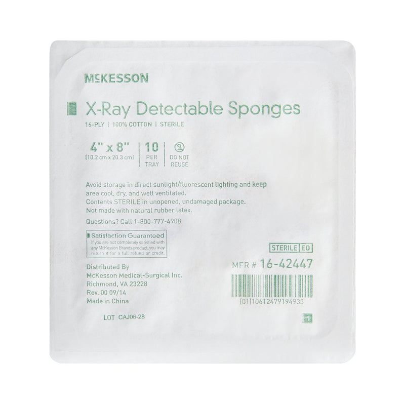 Gauze Sponge McKesson 4 X 8 Inch 16-Ply Sterile X-Ray Detectable 10 per Tray