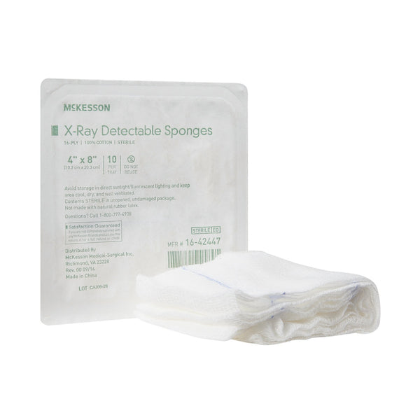 Gauze Sponge McKesson 4 X 8 Inch 16-Ply Sterile X-Ray Detectable 10 per Tray
