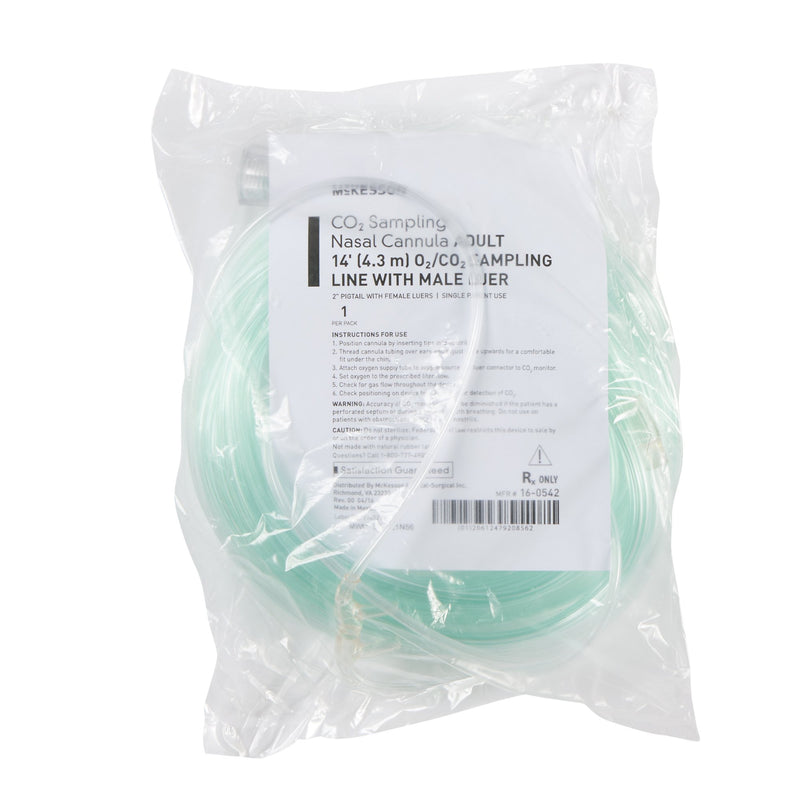 ETCO2 Nasal Sampling Cannula with O2 Delivery McKesson Adult Curved Prong / NonFlared Tip 14 Foot O2 Line