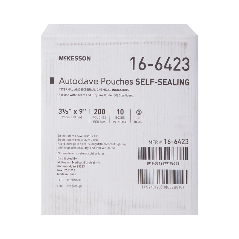 Sterilization Pouch McKesson Ethylene Oxide (EO) Gas / Steam 3-1/2 X 9 Inch Transparent Blue / White Self Seal Paper / Film