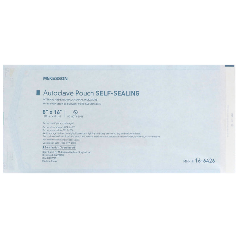 Sterilization Pouch McKesson Ethylene Oxide (EO) Gas / Steam 8 X 16 Inch Transparent Blue / White Self Seal Paper / Film