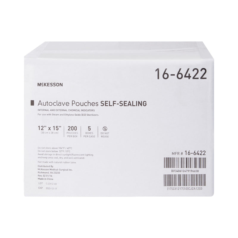 Sterilization Pouch McKesson Ethylene Oxide (EO) Gas / Steam 12 X 15 Inch Transparent Blue / White Self Seal Paper / Film