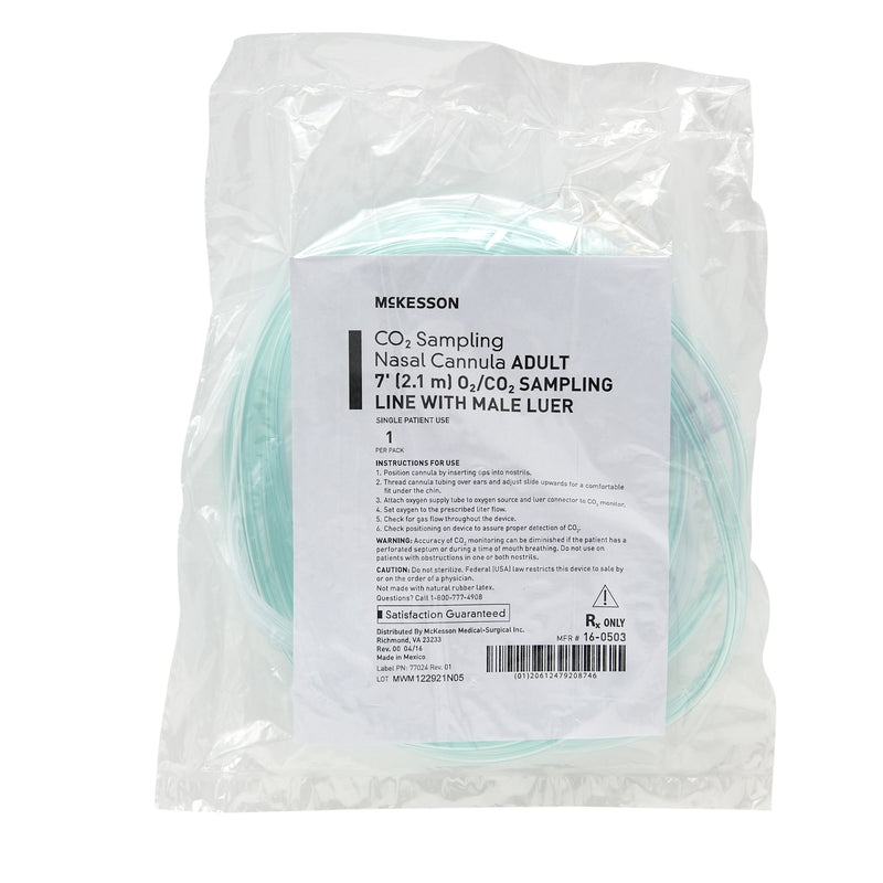 ETCO2 Nasal Sampling Cannula with O2 Delivery McKesson Adult Curved Prong / NonFlared Tip 7 Foot O2 Line