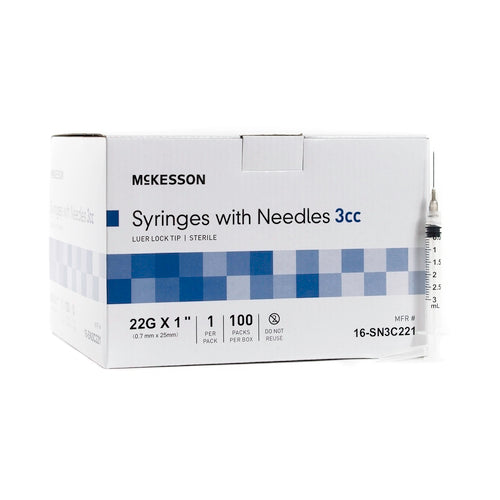 McKesson Syringe with Hypodermic Needle 3 mL 22 Gauge 1 Inch Detachable Needle Without Safety, 100/BX, 10BX/CS