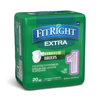 FitRight Extra-Stretch Adult Incontinence Briefs, Size M/Regular, for Waist Size 30"-52", Bag of 20