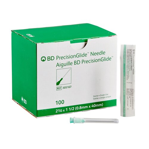 BD Hypodermic Needle PrecisionGlide Without Safety 21 Gauge 1-1/2 Inch Length, 100EA/BX
