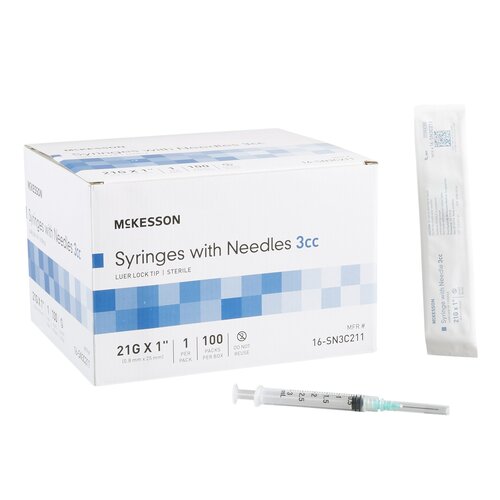 McKesson Syringe with Hypodermic Needle 3 mL 21 Gauge 1 Inch Detachable Needle Without Safety, 100/BX