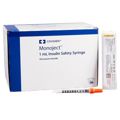 Covidien Insulin Syringe with Needle Monoject® 1 mL 29 Gauge 1/2" Attached Sliding Safety Needle, 100 EA/BX