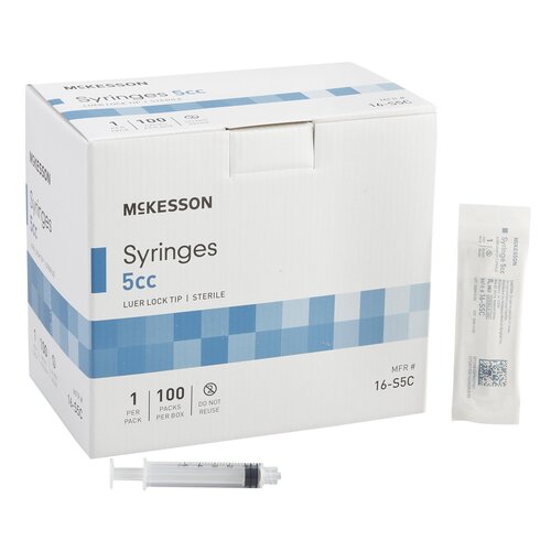 McKesson General Purpose Syringe 5 mL Blister Pack Luer Lock Tip Without Safety, 100/BX, 20BX/CS
