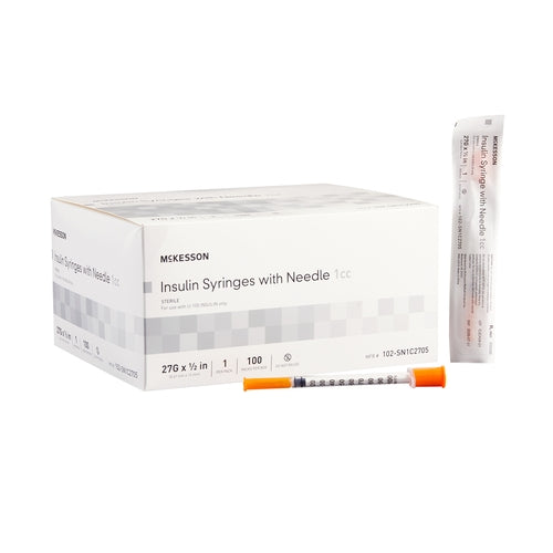 McKesson Insulin Syringe with Needle 1 mL 27 Gauge 1/2" Attached Needle Without Safety, 500 EA/CS
