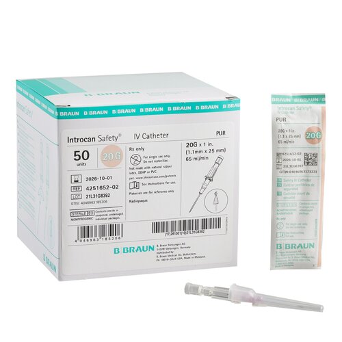 B. Braun Peripheral IV Catheter Introcan Safety® 20 Gauge 1" Sliding Safety Needle, 50 EA/BX, 4BX/CS