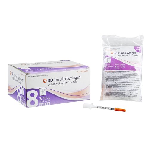 BD Insulin Syringe with Needle Ultra-Fine 0.3 mL 31 Gauge 5/16" Attached Needle Without Safety, 50 EA/CS