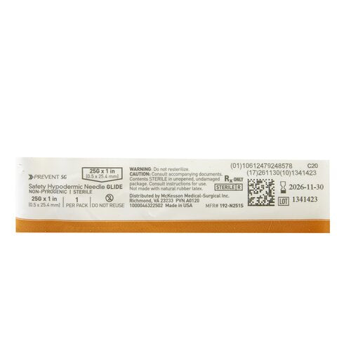 McKesson Hypodermic Needle McKesson Prevent SG Sliding Safety Needle 25 Gauge 1 Inch Length