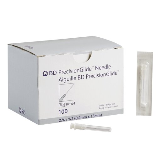 BD Hypodermic Needle PrecisionGlide Without Safety 27 Gauge 1/2 Inch Length, 100/BX