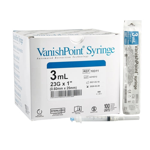 Retractable Technologies Syringe with Hypodermic Needle VanishPoint® 3 mL 23 Gauge 1 Inch Attached Needle Retractable Needle, 100 EA/BX