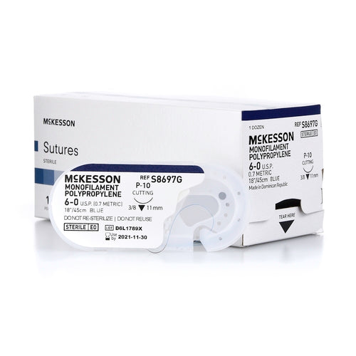 McKesson Suture with Needle Nonabsorbable Blue Monofilament Polypropylene Suture Size 6 - 0 18 Inch Suture 1-Needle 11 mm Length 3/8 Circle Reverse Cutting Needle, 12/BX