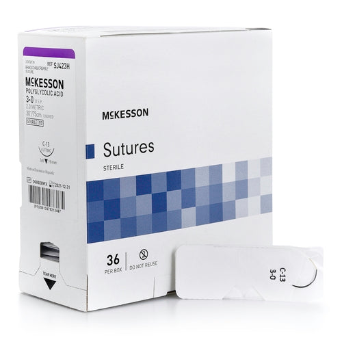 McKesson Suture with Needle Absorbable Uncoated Undyed Suture Braided Polyglycolic Acid Suture Size 3 - 0 30 Inch Suture 1-Needle 19 mm Length 3/8 Circle Reverse Cutting Needle, 1/BX