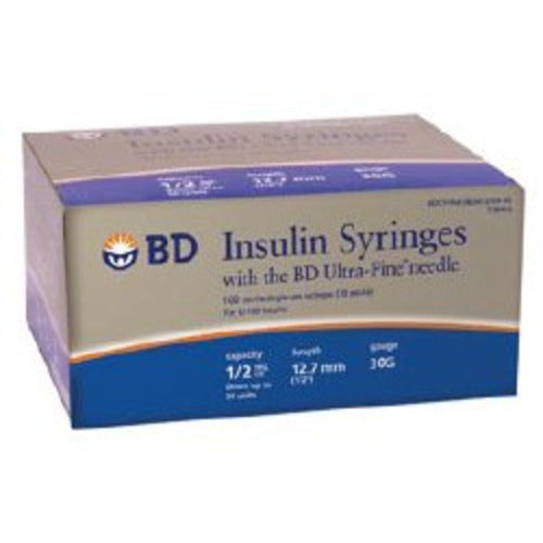 BD Insulin Syringe with Needle Ultra-Fine 0.5 mL 30 Gauge 1/2" Attached Needle Without Safety, 1/BG