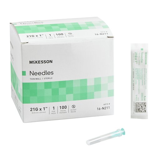 McKesson Hypodermic Needle Without Safety 21 Gauge 1 Inch Length, 100/BX