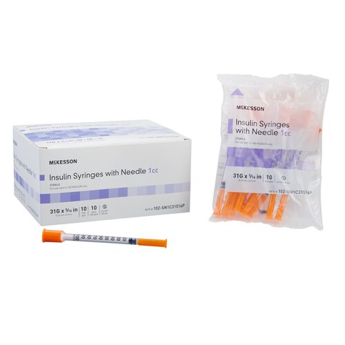 McKesson Insulin Syringe with Needle 1 mL 31 Gauge 5/16 Inch Attached Needle Without Safety, 100/BX, 5BX/CS